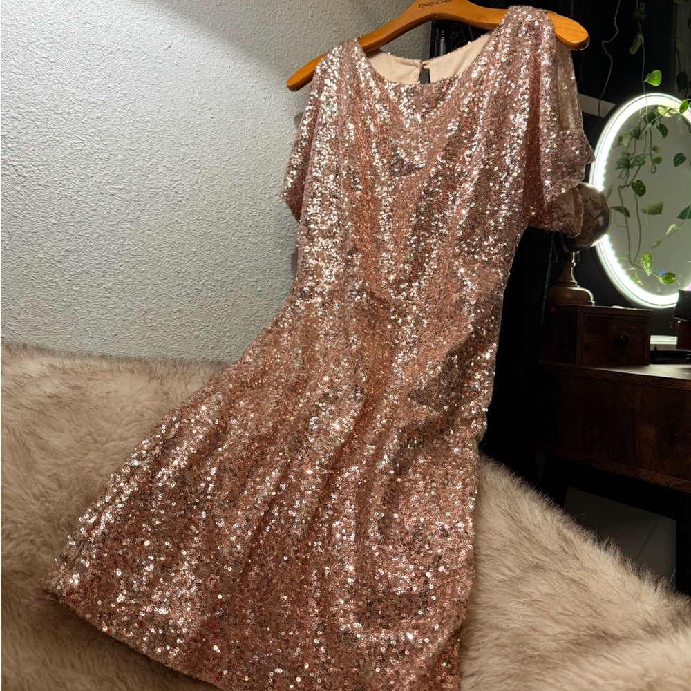 B. DARLIN ROSÉ Sequined Cut-out Mini Cocktail Dress (Size 7/8)